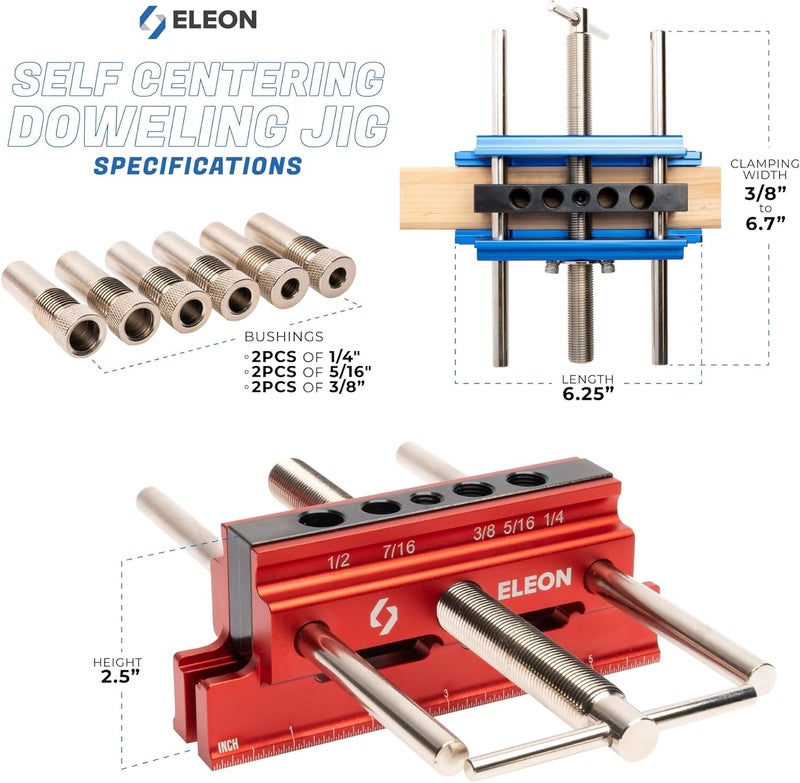 Eleon - Self Centering Dowel Jig with Elongated Jaws and Extra Wide Clamp - Precision Woodworking Made Effortless - Lasting Craftsmanship - Durable Aluminum Alloy Dowel Drill Guide (Blue) - Image 5